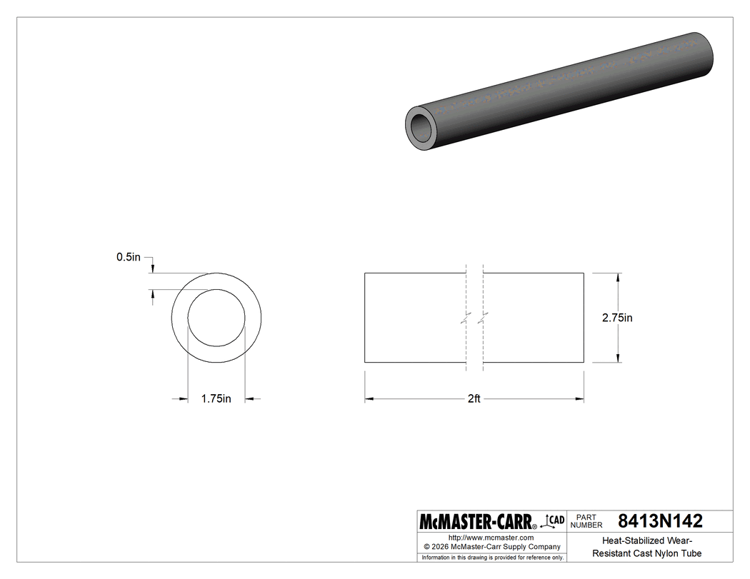 Technical Drawing of Heat-Stabilized Wear-Resistant Cast Nylon Tube, Easy-to-Machine, 1/2" Wall Thickness, 2-3/4" OD, 2 Feet Long.